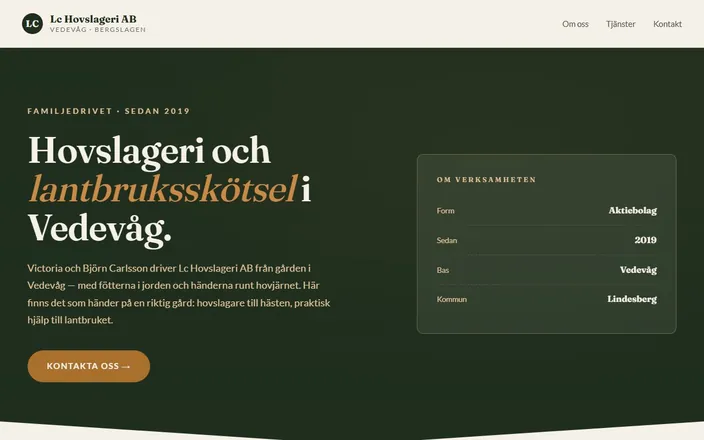 Skärmdump av Lc Hovslageri ABs hemsida