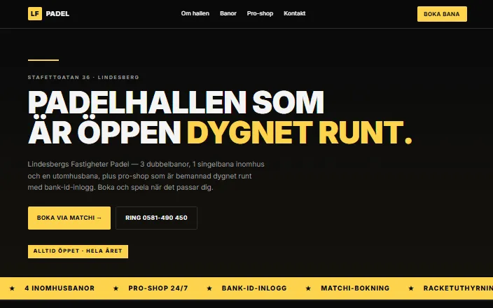 Skärmdump av LF Padel Lindesbergs hemsida