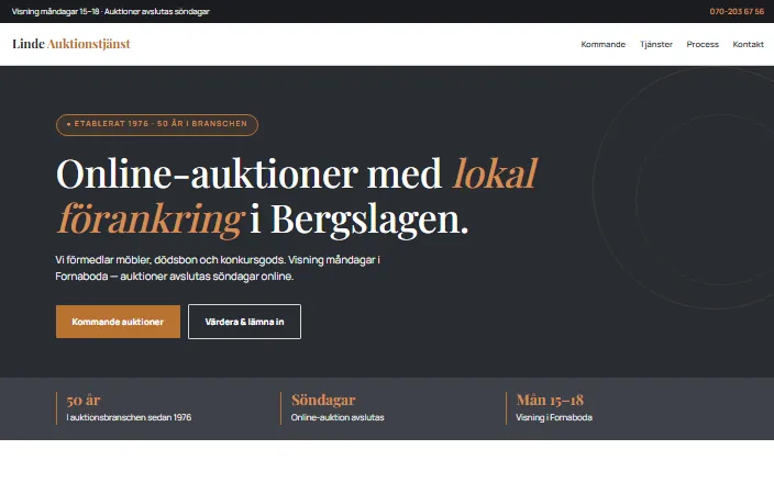 Skärmdump av Linde Auktionstjänsts hemsida
