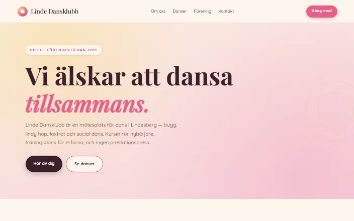 Skärmdump av Linde Dansklubbs hemsida