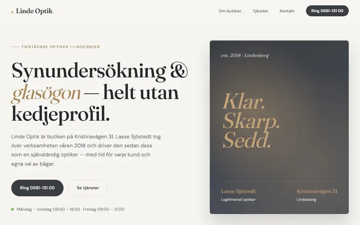 Skärmdump av Linde Optiks hemsida