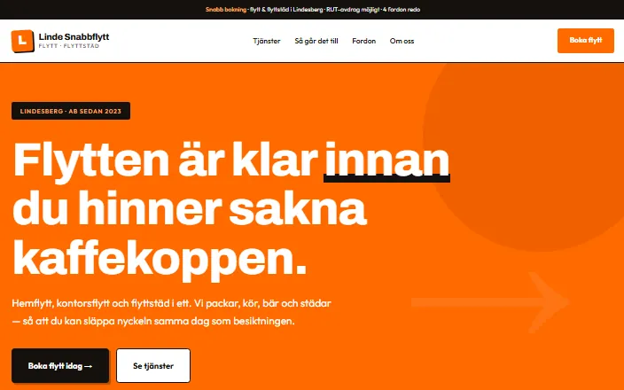 Skärmdump av Linde Snabbflytt ABs hemsida