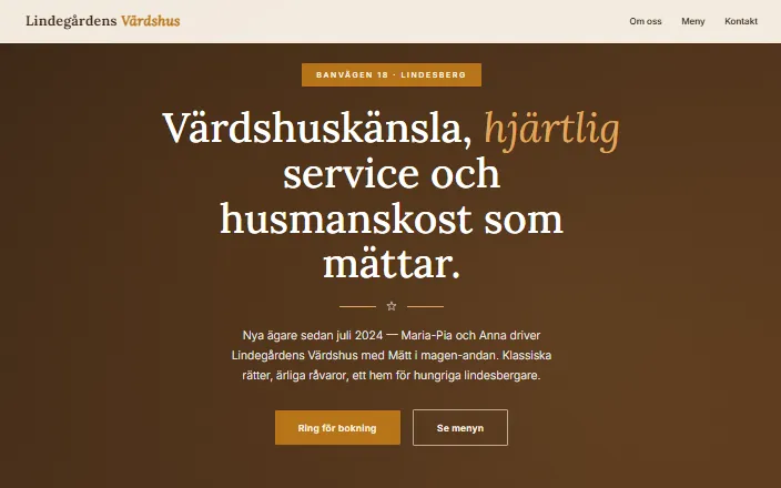 Skärmdump av Lindegårdens Värdshuss hemsida