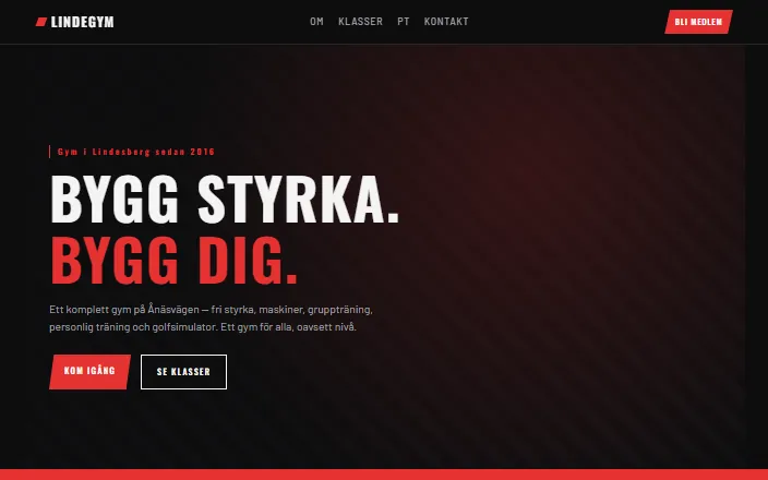 Skärmdump av Lindegyms hemsida
