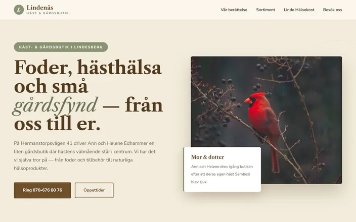 Skärmdump av Lindenäs Häst & Gårdsbutiks hemsida
