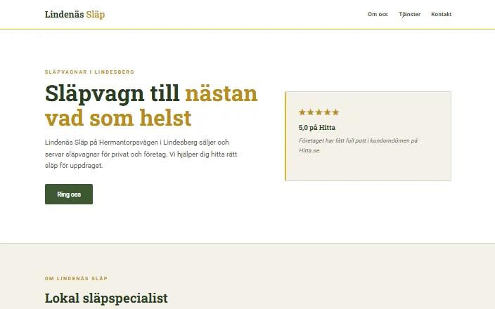 Skärmdump av Lindenäs Släps hemsida