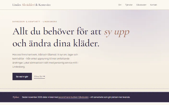 Skärmdump av Lindes Skrädderi & Kemtvätts hemsida