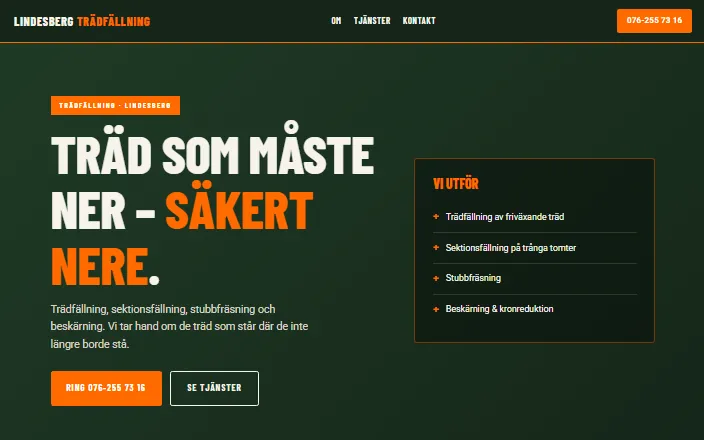 Skärmdump av Lindesberg Trädfällnings hemsida
