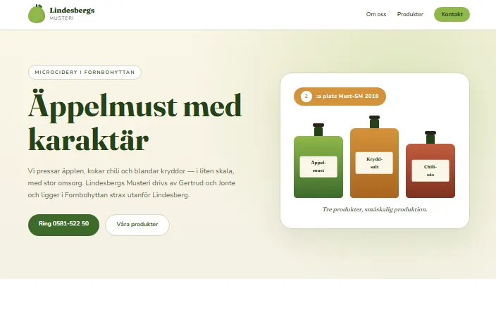 Skärmdump av Lindesbergs Musteris hemsida