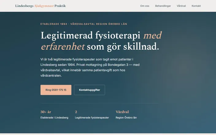 Skärmdump av Lindesbergs Sjukgymnast Praktiks hemsida