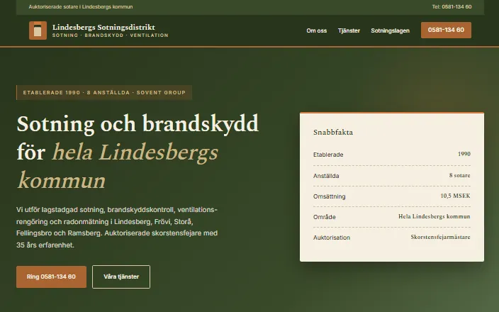 Skärmdump av Lindesbergs Sotningsdistrikts hemsida