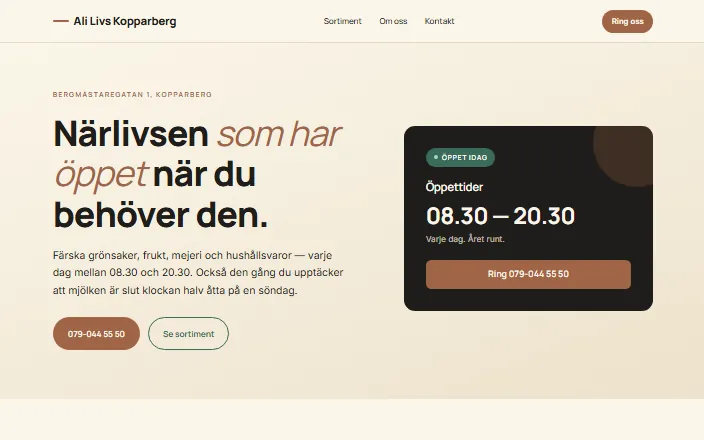 Skärmdump av Ali Livs Kopparbergs hemsida
