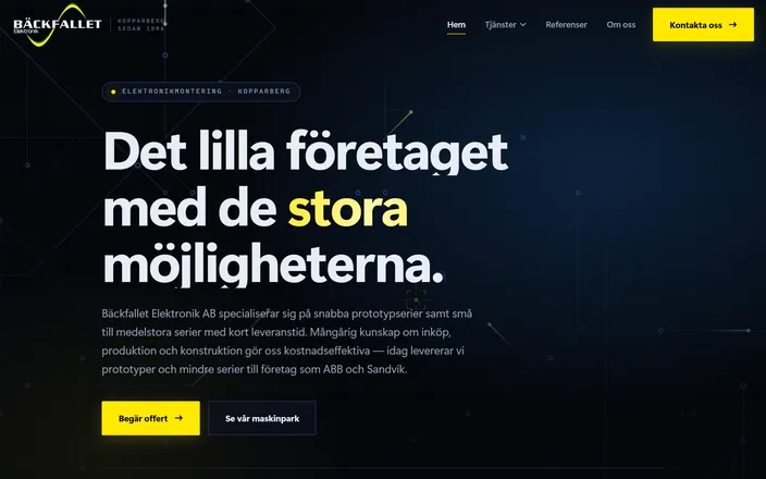 Skärmdump av Bäckfallet Elektronik ABs hemsida