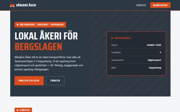 Skärmdump av Bångbro Åkeris hemsida