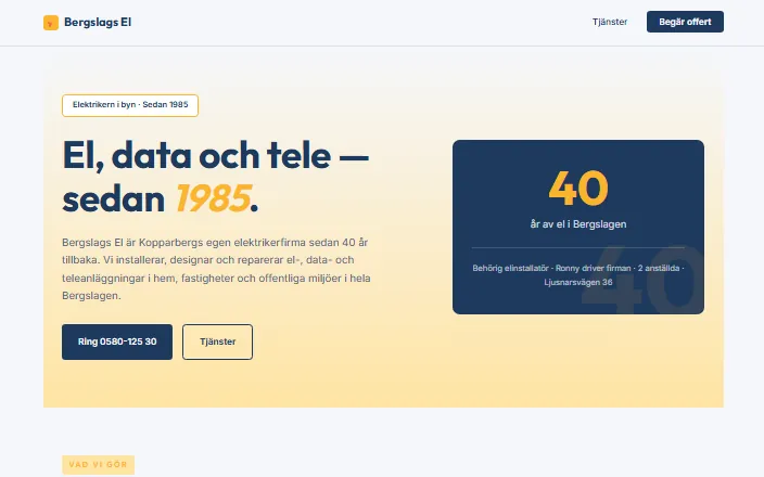 Skärmdump av Bergslags Els hemsida