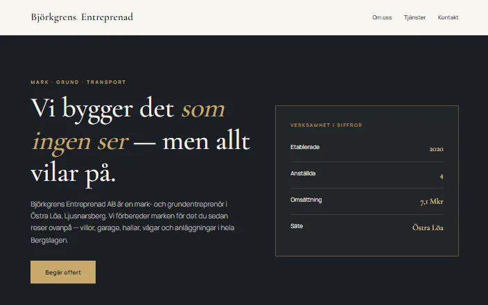 Skärmdump av Björkgrens Entreprenad ABs hemsida