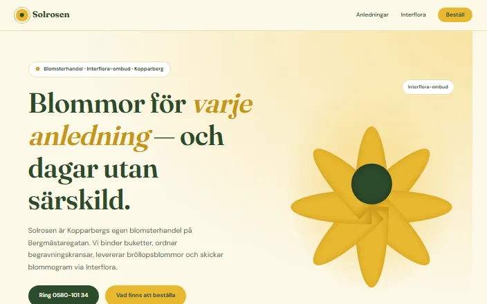 Skärmdump av Blomsterhandel Solrosens hemsida
