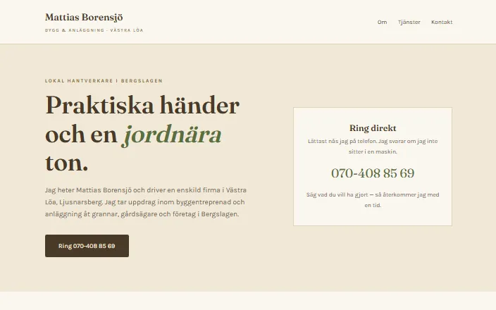 Skärmdump av Mattias Borensjös hemsida