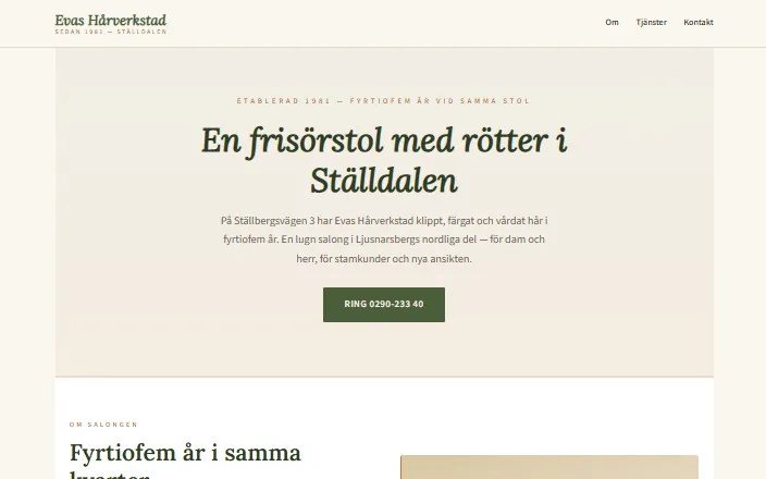 Skärmdump av Evas Hårverkstads hemsida