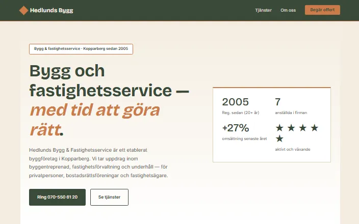 Skärmdump av Hedlunds Bygg & Fastighetsservices hemsida