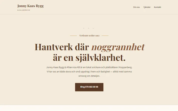 Skärmdump av Jonny Kaas Bygg & Allservices hemsida