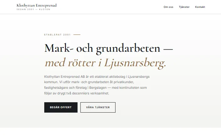 Skärmdump av Klothyttan Entreprenads hemsida