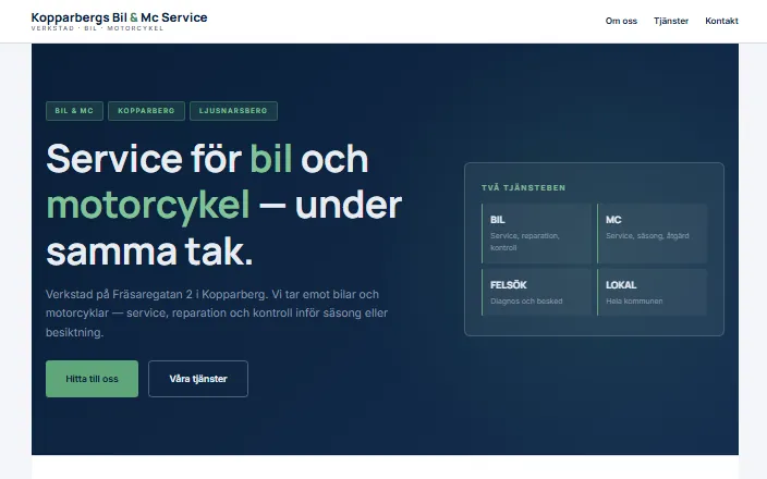Skärmdump av Kopparbergs Bil & Mc Services hemsida