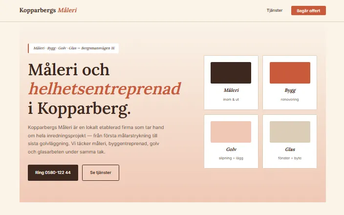 Skärmdump av Kopparbergs Måleris hemsida