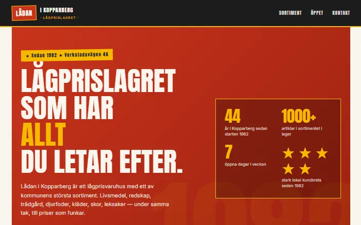 Skärmdump av Lådan i Kopparbergs hemsida