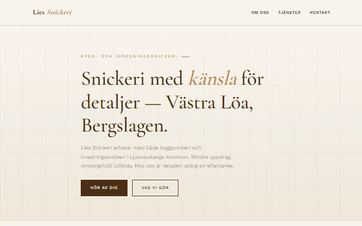 Skärmdump av Lies Snickeris hemsida