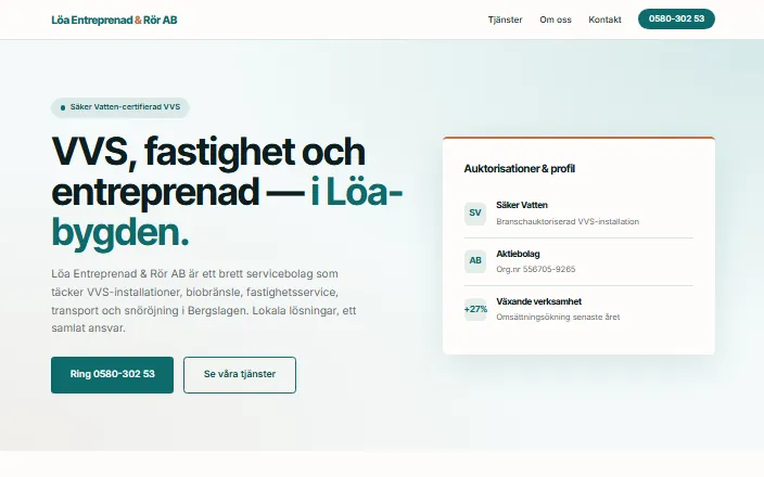 Skärmdump av Löa Entreprenad & Rör ABs hemsida