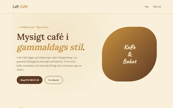 Skärmdump av Loft Caféts hemsida