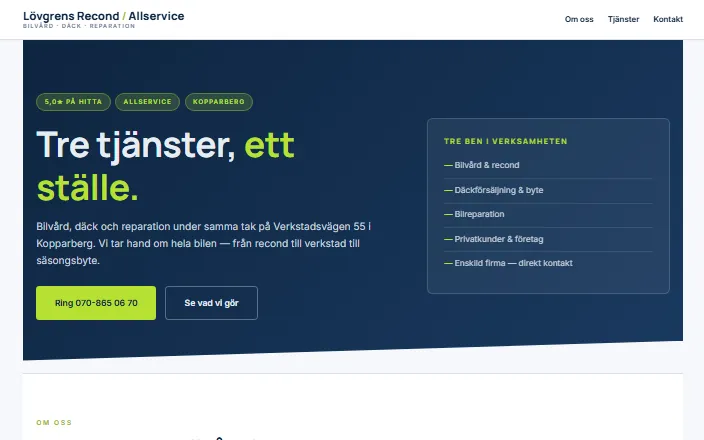 Skärmdump av Lövgrens Recond - Allservices hemsida
