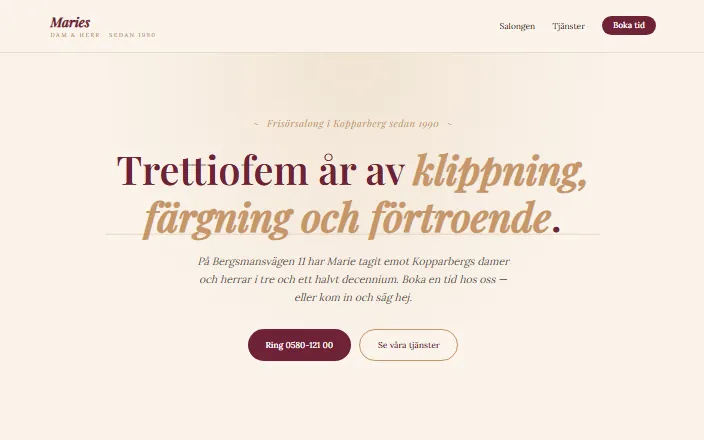 Skärmdump av Maries Dam & Herr Salongs hemsida