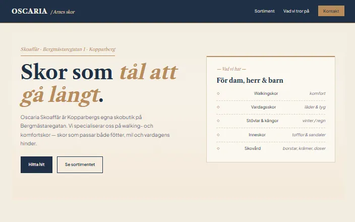 Skärmdump av Oscaria Skoaffärs hemsida