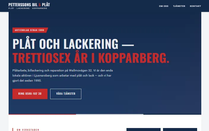 Skärmdump av Petterssons Bil och Plåts hemsida