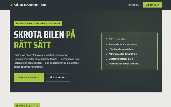 Skärmdump av Ställbergs Bilskrotnings hemsida