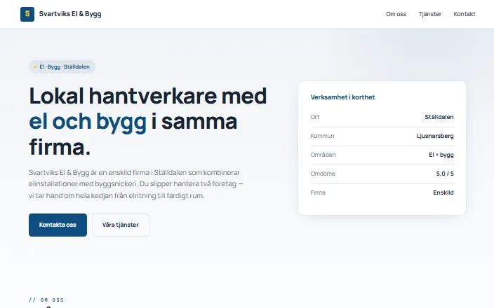 Skärmdump av Svartviks El & Byggs hemsida