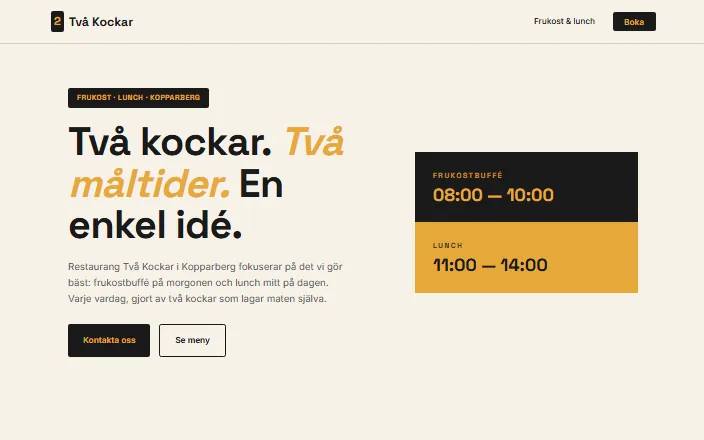 Skärmdump av Restaurang Två Kockars hemsida