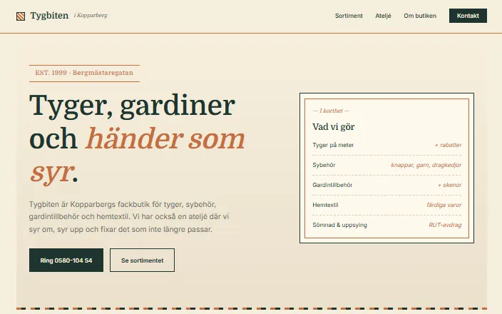 Skärmdump av Tygbiten i Kopparbergs hemsida