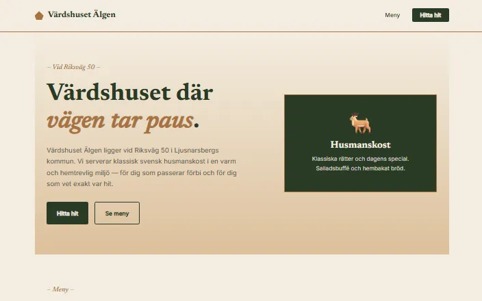 Skärmdump av Värdshuset Älgens hemsida