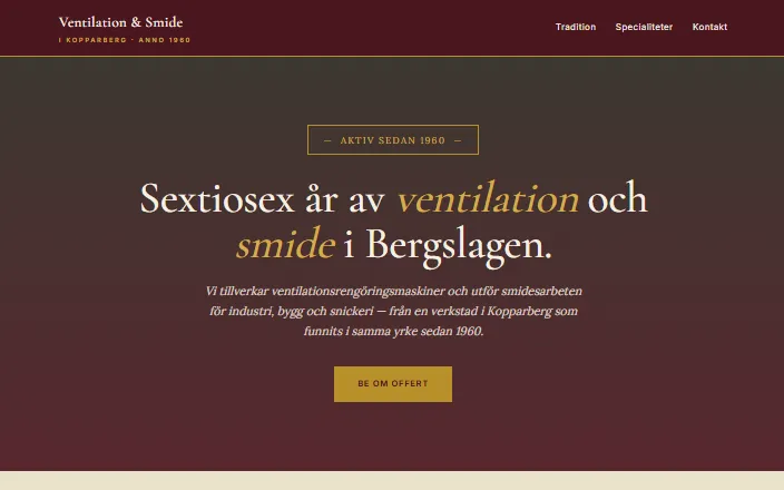 Skärmdump av Ventilation & Smide i Kopparberg ABs hemsida