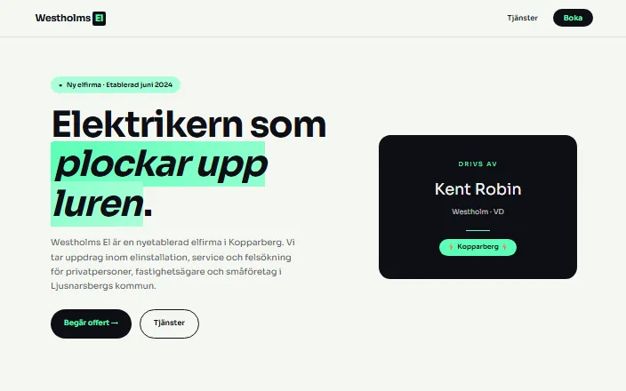 Skärmdump av Westholms Els hemsida