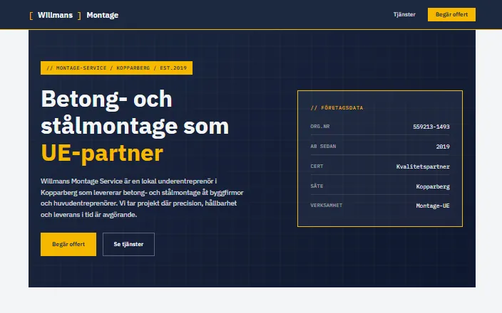 Skärmdump av Willmans Montage Services hemsida