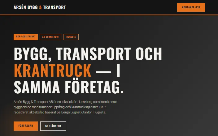 Skärmdump av Ärsén Bygg & Transport ABs hemsida