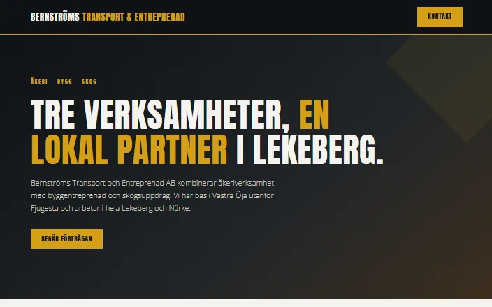 Skärmdump av Bernströms Transport och Entreprenad ABs hemsida
