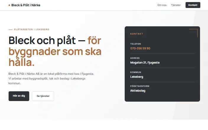 Skärmdump av Bleck & Plåt i Närkes hemsida