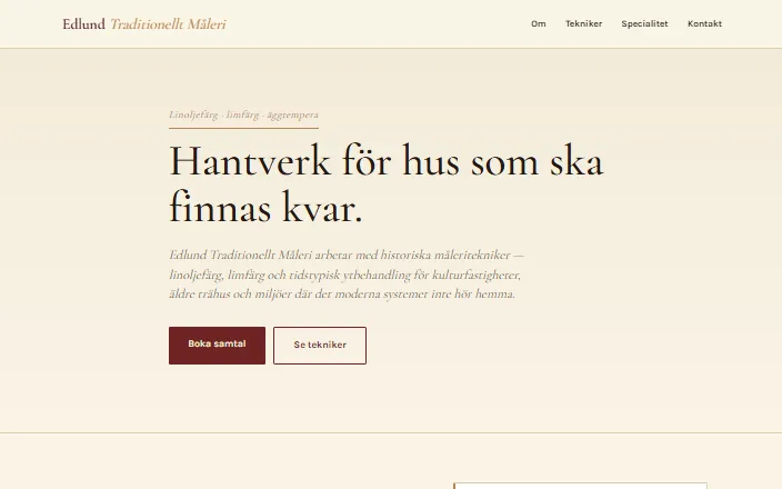 Skärmdump av Edlund Traditionellt Måleris hemsida