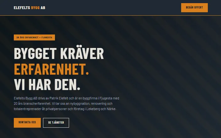 Skärmdump av Elefelts Bygg ABs hemsida