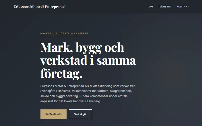 Skärmdump av Erikssons Motor & Entreprenad ABs hemsida